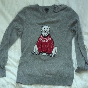 Talbots Soft Grey Polar Bear Sweater S Small Red Holiday Christmas